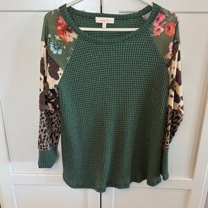 Umgee Green Waffle Knit Top with Floral and Leopard Sleeves